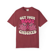 Get Your Boos Checked pink ribbon awareness design on a chili red women's shirt