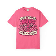 Get Your Boos Checked pink ribbon awareness design on a crunchberry women's shirt