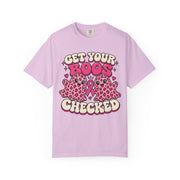 Get Your Boos Checked pink ribbon awareness design on an orchid purple women's shirt