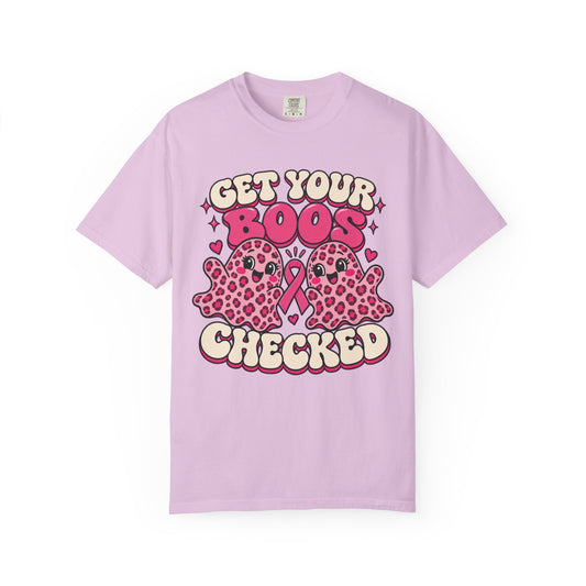 Get Your Boos Checked pink ribbon awareness design on an orchid purple women's shirt