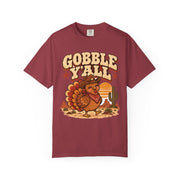 Gobble Y'all western turkey design on a chili red women's shirt