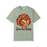 Grandma Turkey matching Thanksgiving design on a bay green women's shirt
