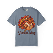 Grandma Turkey matching Thanksgiving design on a blue jean women's shirt