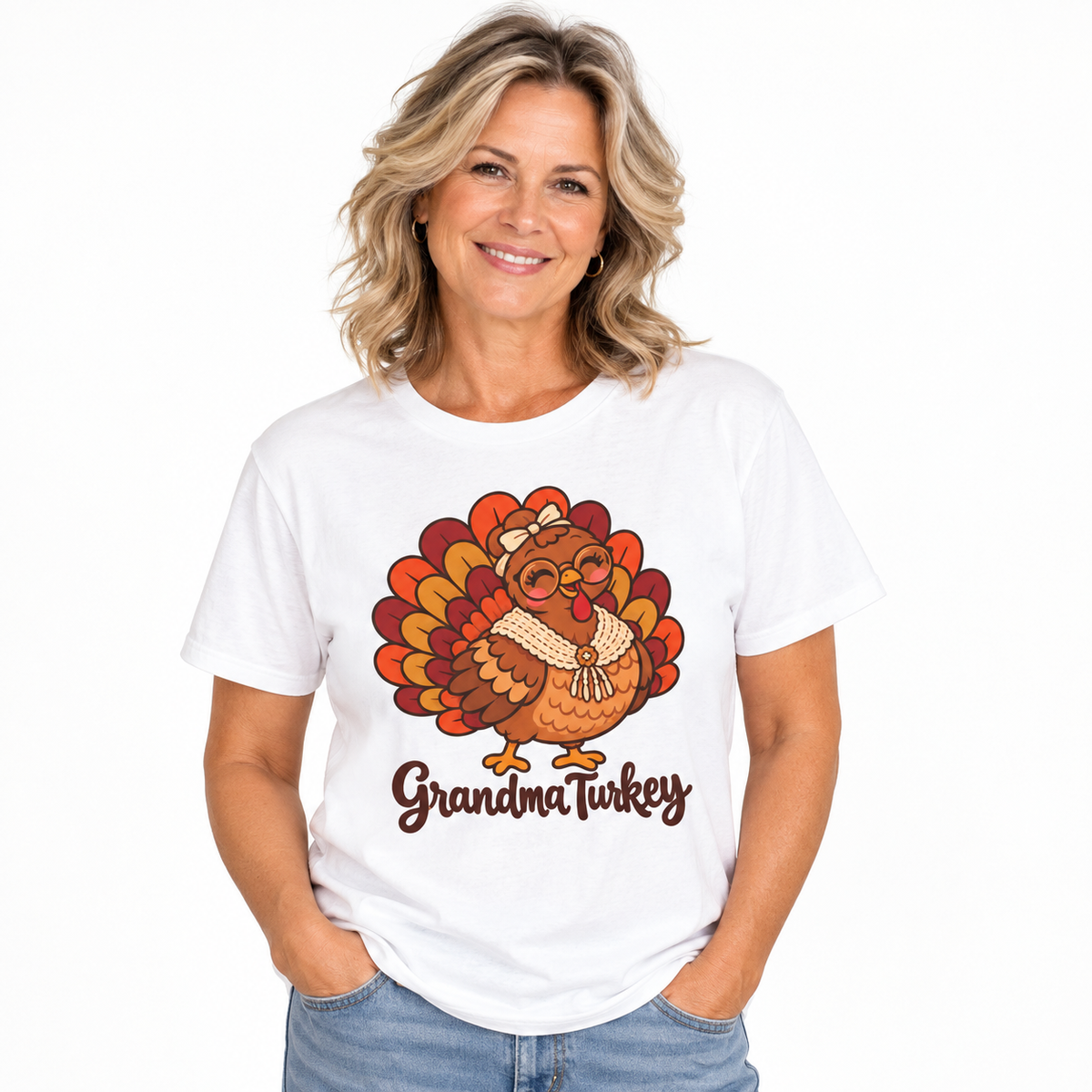 Woman wearing the Grandma Turkey matching Thanksgiving shirt