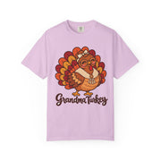 Grandma Turkey matching Thanksgiving design on an orchid purple women's shirt