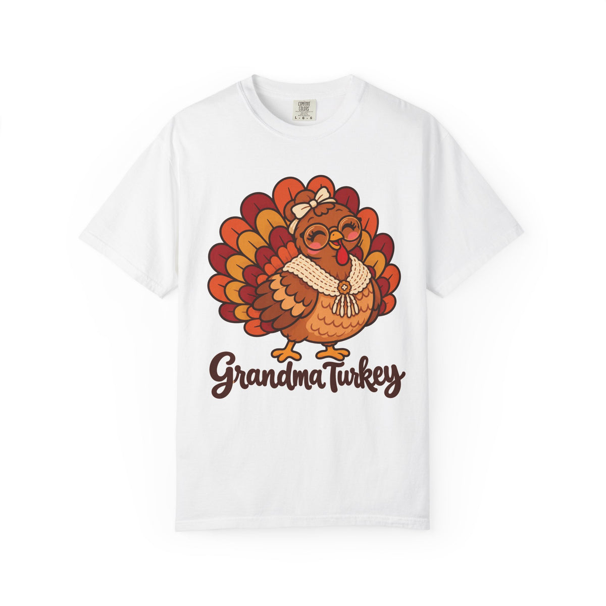 Grandma Turkey matching Thanksgiving design on a white women's shirt