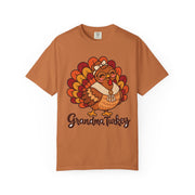 Grandma Turkey matching Thanksgiving design on a yam orange women's shirt