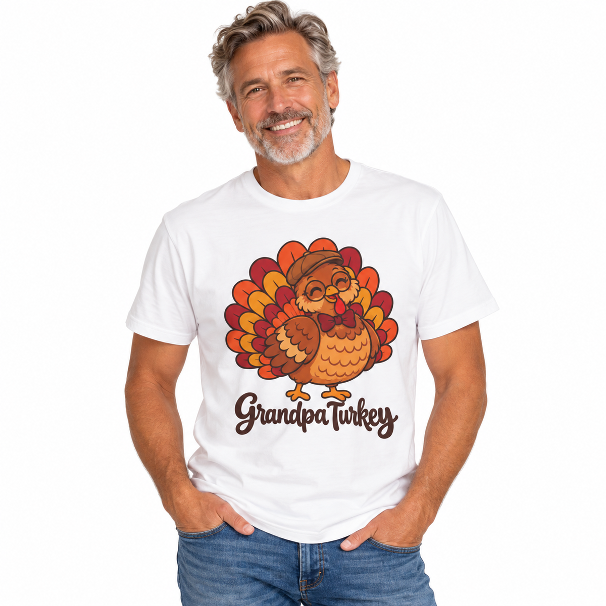 Man wearing the Grandpa Turkey matching Thanksgiving shirt