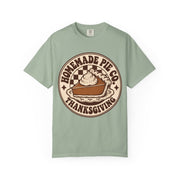 Homemade Pie Co. Thanksgiving design on a bay green women's shirt