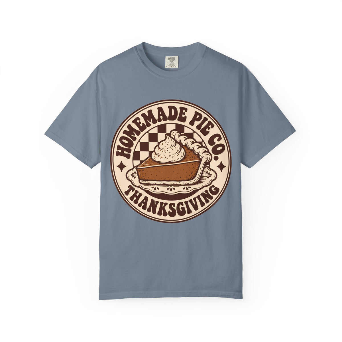 Homemade Pie Co. Thanksgiving design on a blue jean women's shirt