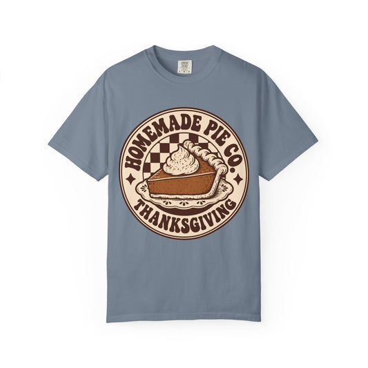Homemade Pie Co. Thanksgiving design on a blue jean women's shirt