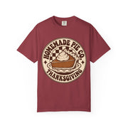 Homemade Pie Co. Thanksgiving design on a chili red women's shirt