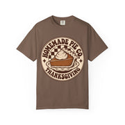 Homemade Pie Co. Thanksgiving design on an espresso brown women's shirt