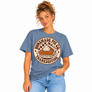 Woman wearing the Homemade Pie Co. Thanksgiving shirt