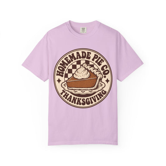 Homemade Pie Co. Thanksgiving design on an orchid women's shirt