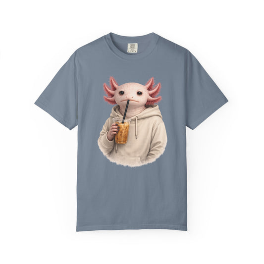 Axolotl in a cream hoodie drinking iced coffee, on a blue jean men's shirt