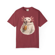 Axolotl in a cream hoodie drinking iced coffee, on a chili red men's shirt