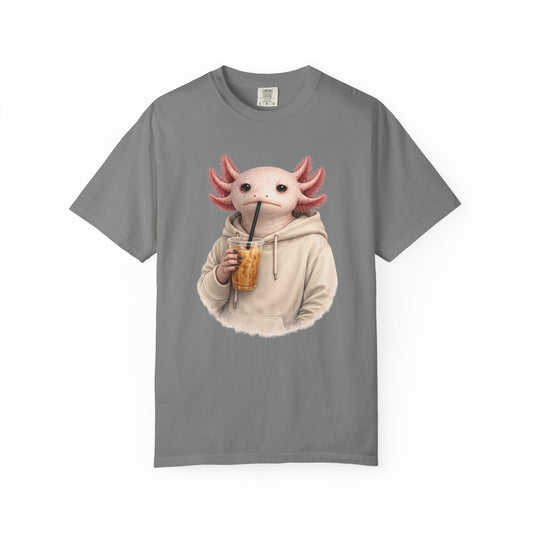 Axolotl in a cream hoodie drinking iced coffee, on a grey men's shirt