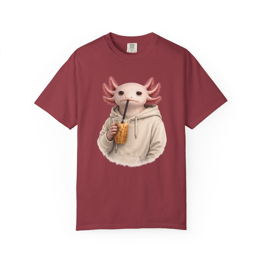 Axolotl in a cream hoodie drinking iced coffee, on a chili red women's shirt