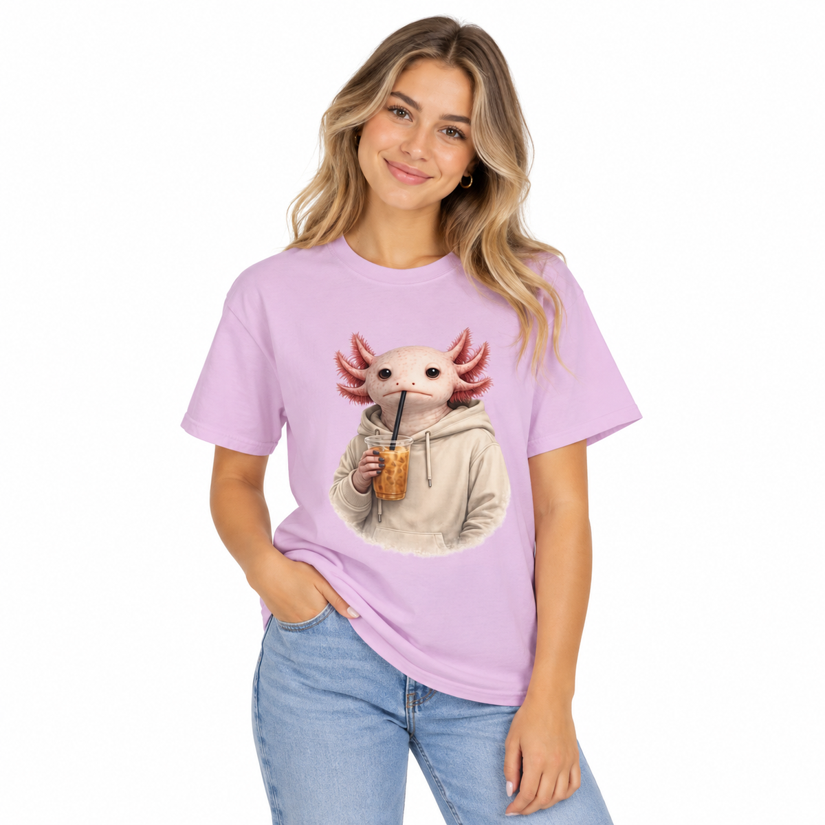 Iced coffee axolotl design on a women's Comfort Colors shirt