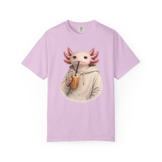 Axolotl in a cream hoodie drinking iced coffee, on an orchid purple women's shirt