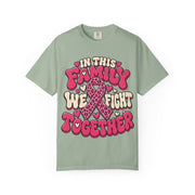 In This Family We Fight Together breast cancer awareness design on a bay green women's shirt