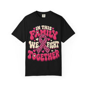 In This Family We Fight Together breast cancer awareness design on a black women's shirt