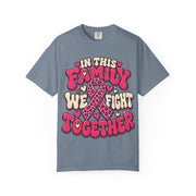 In This Family We Fight Together breast cancer awareness design on a blue jean women's shirt