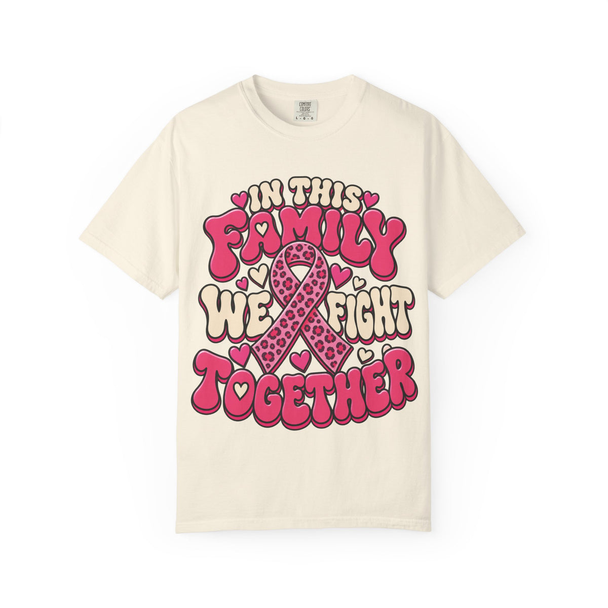 In This Family We Fight Together breast cancer awareness design on an ivory women's shirt