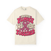 In This Family We Fight Together breast cancer awareness design on an ivory women's shirt