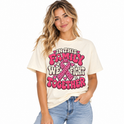 Woman wearing the In This Family We Fight Together breast cancer family shirt