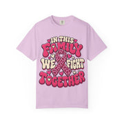 In This Family We Fight Together breast cancer awareness design on an orchid women's shirt