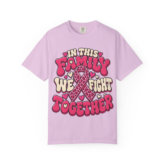 In This Family We Fight Together breast cancer awareness design on an orchid women's shirt