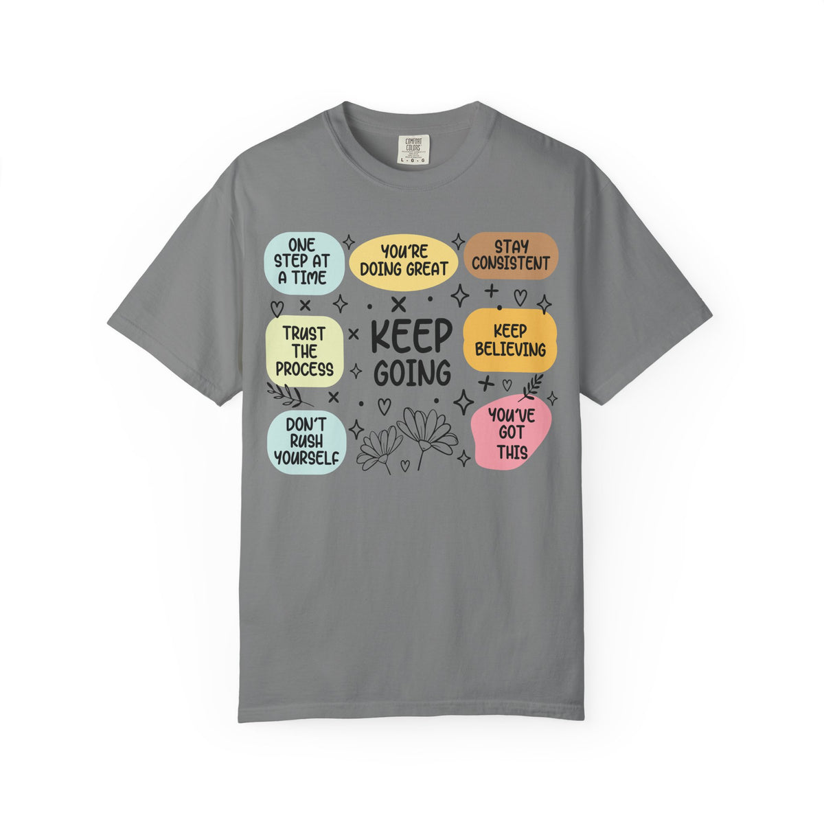 Keep Going affirmation grid printed on a grey men's shirt