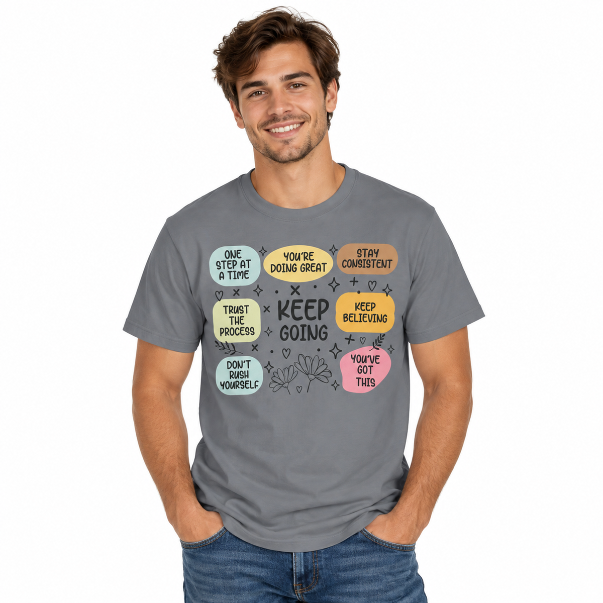 Keep Going motivational design on a men's Comfort Colors shirt