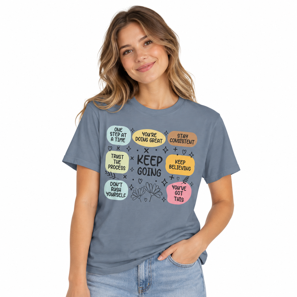 Keep Going motivational design on a women's Comfort Colors shirt