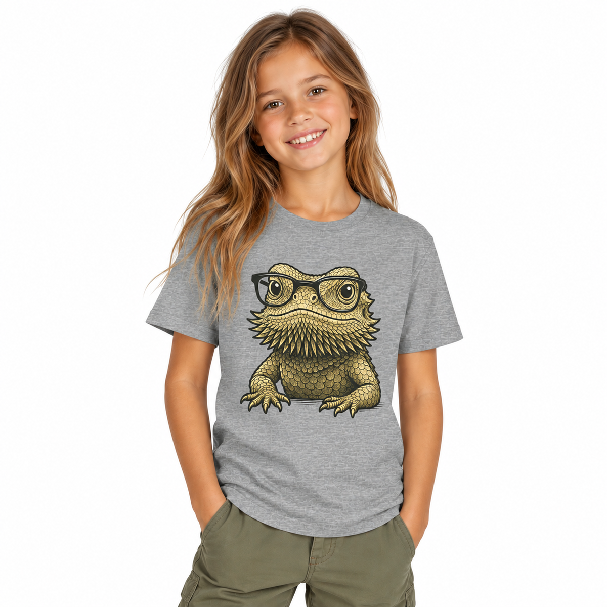 Bearded dragon in glasses, printed on a kids shirt