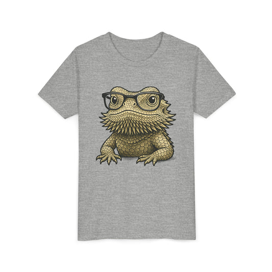 Bearded dragon in glasses, printed on an athletic heather kids shirt