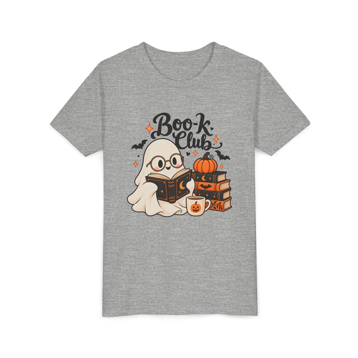 Book Club Ghost Halloween design on an athletic heather grey kids shirt
