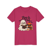 Book Club Ghost Halloween design on a berry kids shirt