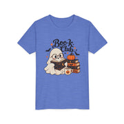 Book Club Ghost Halloween design on a heather columbia blue kids shirt