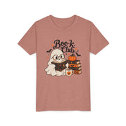 Book Club Ghost Halloween design on a heather mauve kids shirt