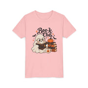 Book Club Ghost Halloween design on a pink kids shirt