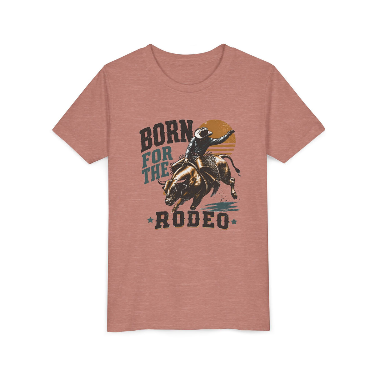 Born for the Rodeo vintage bull rider print on a Heather Mauve kids shirt
