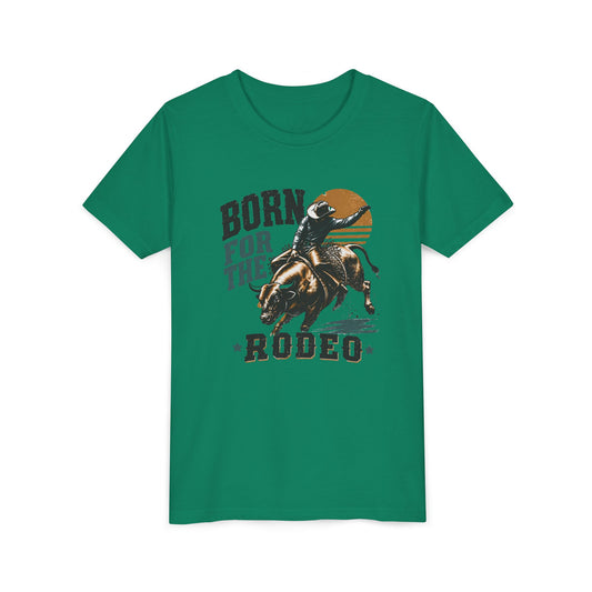 Born for the Rodeo vintage bull rider print on a Kelly kids shirt