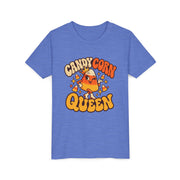 Candy Corn Queen design on a heather columbia blue kids shirt