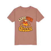 Candy Corn Queen design on a heather mauve kids shirt