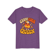 Candy Corn Queen design on a heather team purple kids shirt
