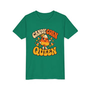Candy Corn Queen design on a kelly green kids shirt