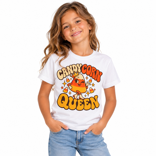 Child wearing the Candy Corn Queen shirt